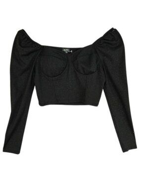 Lily Rose Black Metallic Off Shoulder Crop Top XL Puff Sleeve Party